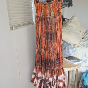 Tie-Dye Orange A-Line Maxi Skirt